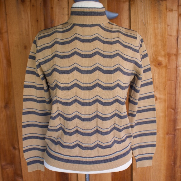 Vintage I. Magnin Jaeger 100% Wool Brown & Grey Chevron Knit Moch Neck Sweater - Picture 1 of 15
